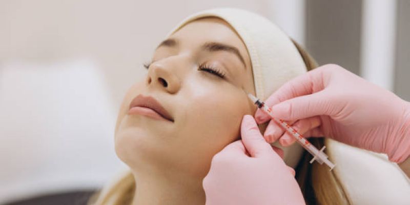 Woman receives facial injection at a spa for skincare treatment, wearing a headband, relaxed.