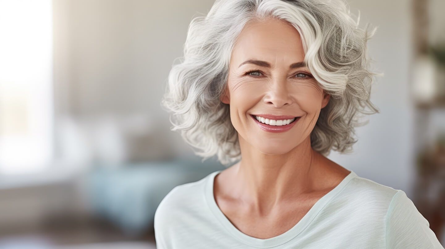 Smiling attractive mature woman looking at the camera after derma fillers